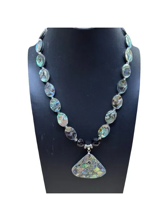 Vintage Mosaic Abalone Shell Bead Necklace Statement Pendant 18KGP Toggle Clasp - Picture 1 of 10